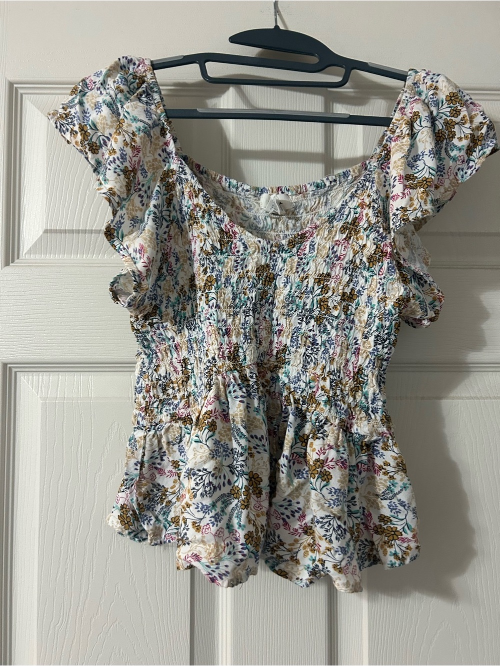 Japna White Floral Smocked Peplum Top with Multicolor Print